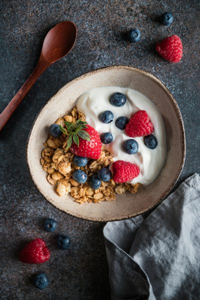 Healthy breakfast, cereal with berries and yogurt